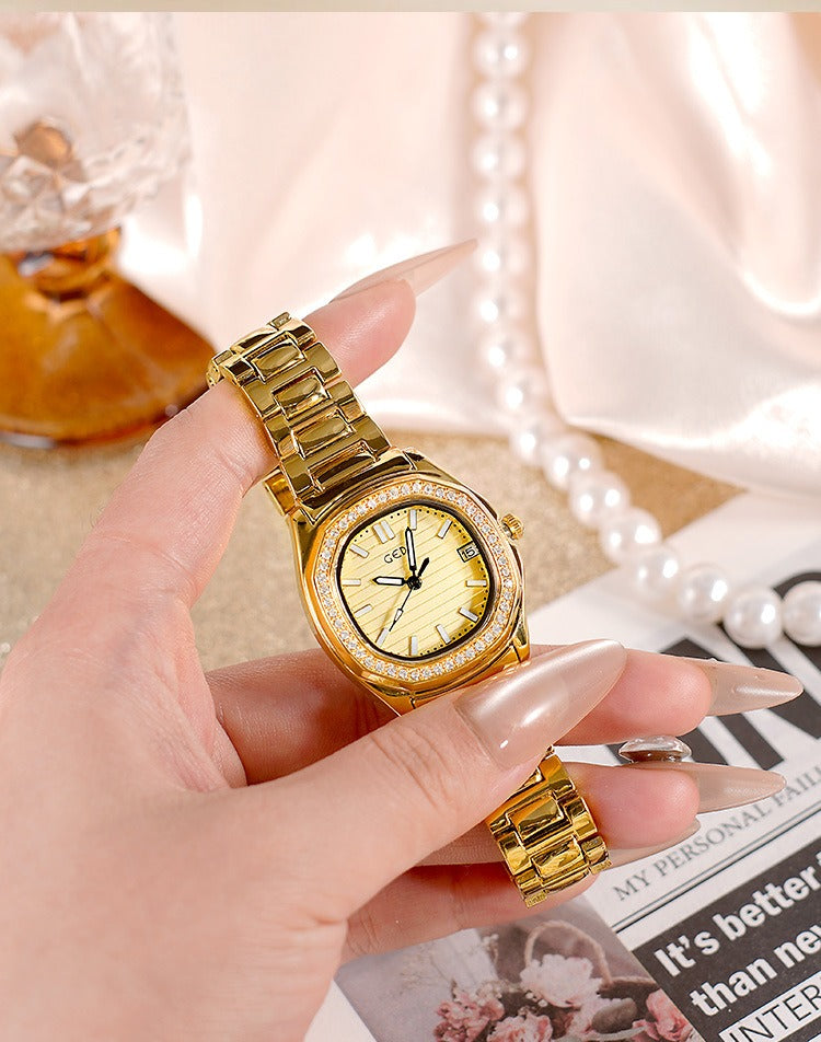 Aurora Luxe Crystal Date Watch (Gold Dial)