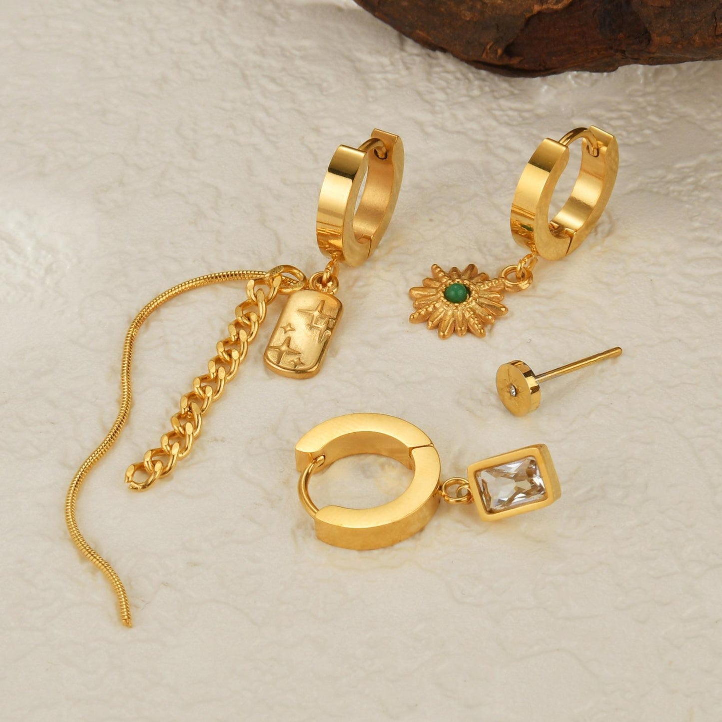 Flora Drop Huggies  (small hoop with flower charm & green stone)