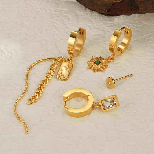 Flora Drop Huggies  (small hoop with flower charm & green stone)