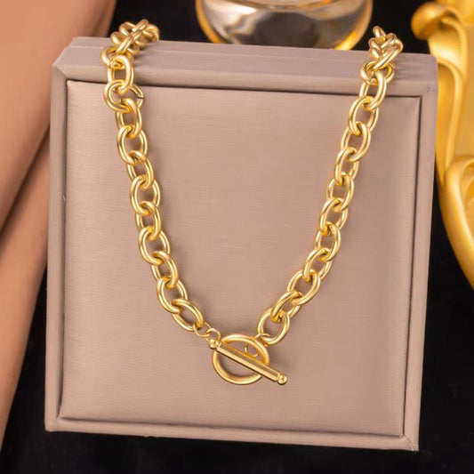Gold Chain Link Necklace - Thick gold chain with front toggle clasp