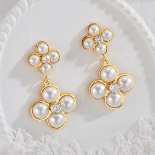 Pearl Blossom Drops - Elegant dangling earrings with clustered pearls in a flower shape